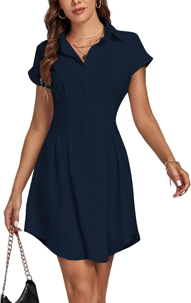 LYANER Women's Pleated Waist Collar Button Down Short Sleeve Mini Short Shirt Dress | Amazon (US)