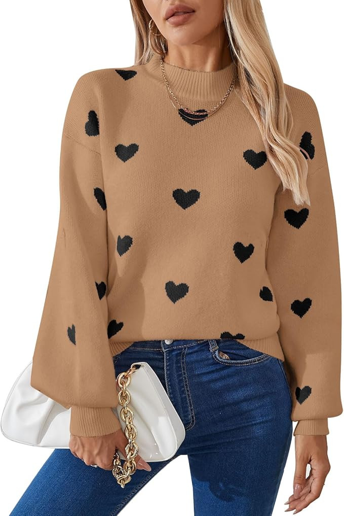 Women's Long Sleeve Mock Neck Sweaters Loose Casual Cute Heart Knitted Pullovers | Amazon (US)