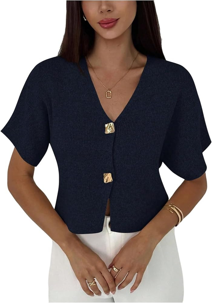SOLY HUX Women's Short Sleeve Office 2025 Fall Winter Cardigan Sweater Button Down V Neck Slim Fi... | Amazon (US)