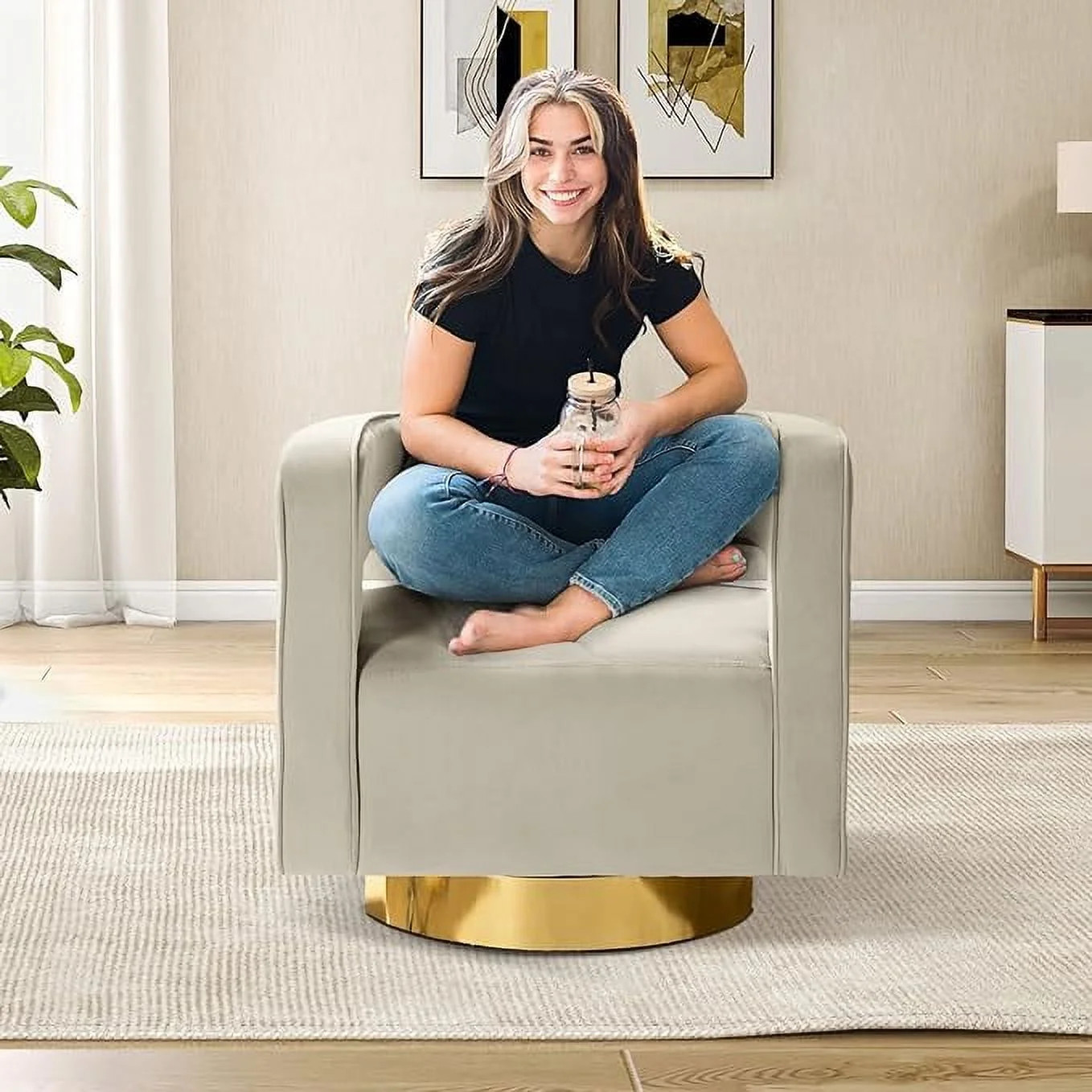 Velvet Swivel Club Chair Accent Barrel Tub 3D Curved Open Back Gold Metal Base Bedroom Home Livin... | Walmart (US)