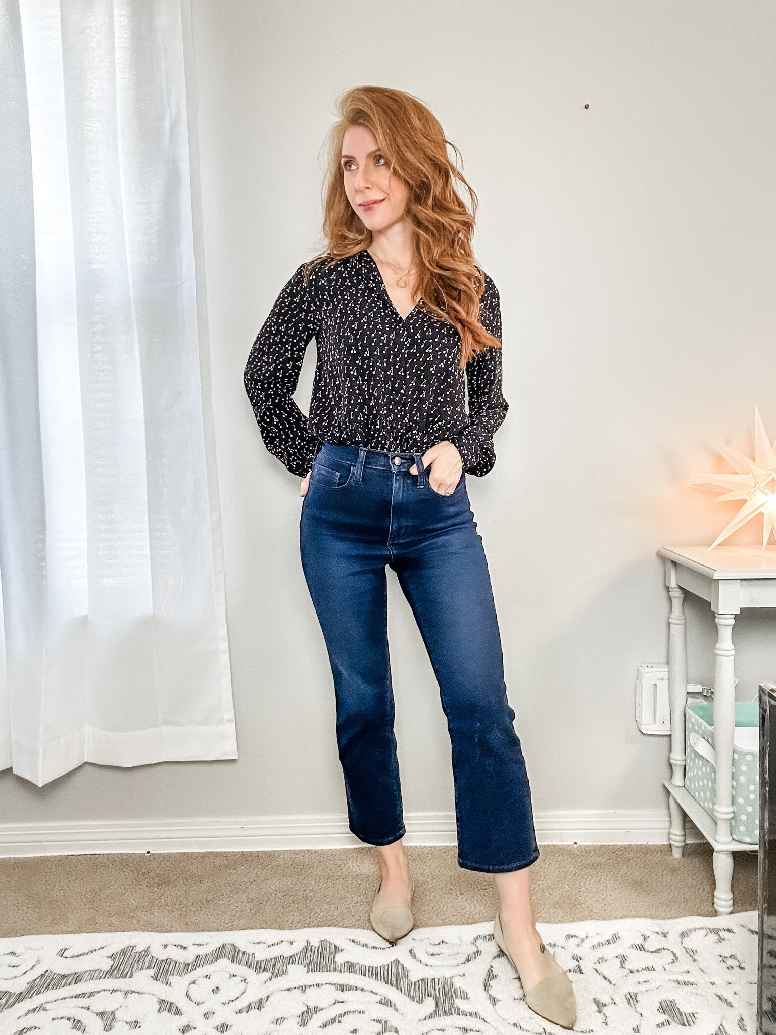 Target ankle bootcut jeans in Short. 
Previous season Loft v-neck blouse.
Classic J. Crew Factory Nude flats  

#LTKover40 #LTKstyletip