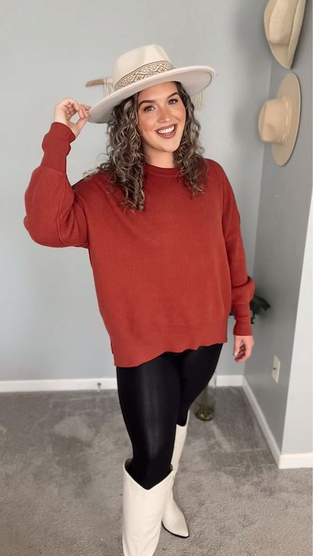 Midsize Thanksgiving OOTD 🤎 
Sweater: L
Leggings: L 
Boots: Wide calf, 16” calves 
#midsizeoutfits #curvyoutfits #leggings #leatherleggings #fauxleatherleggings #ootd #thanksgivingoutfit #styleinspo #outfitideas #sweater #freepeopledupe #fallfashion #fallstyle #hat #widebrimhat #boots #tallboots #widecalfboots 

#LTKstyletip #LTKcurves #LTKSeasonal