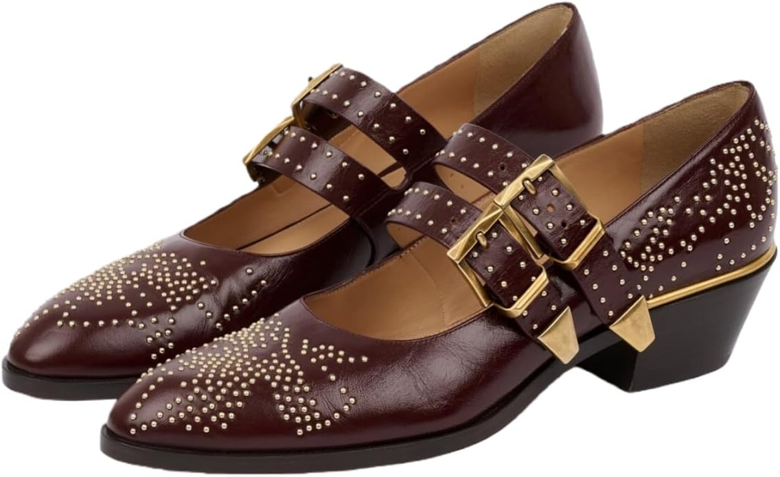 Women Studded Mary Jan Shoes Chunky Low Heels Buckle Strap Closed Toe Mary Jane Pumps | Amazon (US)