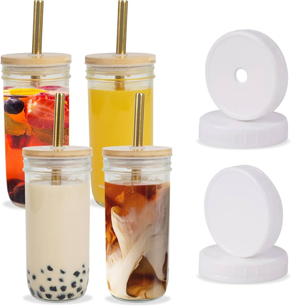 High Ball Mason Jar Drinking Glasses with Bamboo Lids, Gold Stainless Steel Straws & Airtight Lid... | Amazon (US)