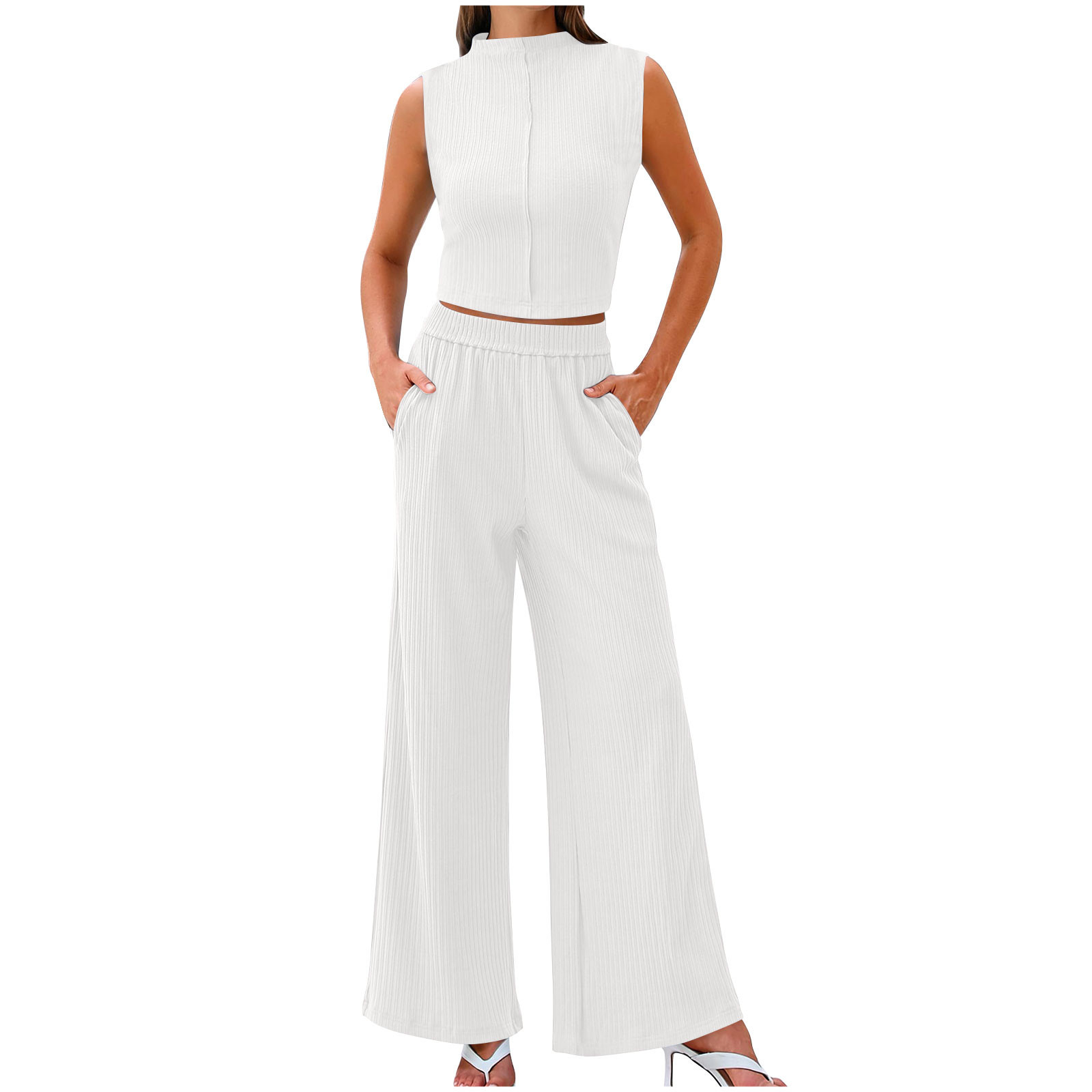 qolati 2 Piece Sets for Women Summer 2024 Mock Neck Sleeveless Ribbed Knit Pullover Top Wide Leg ... | Walmart (US)