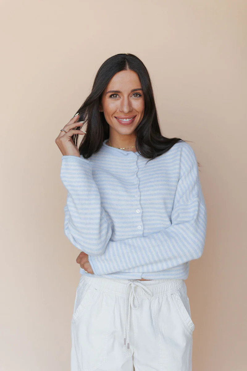 Piper Cardigan in Baby Blue Pinstripe | Henly