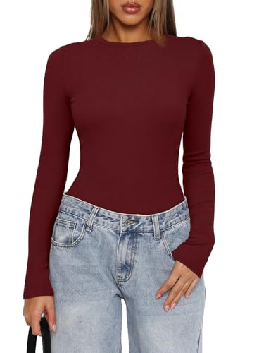 Darong Women's Long Sleeve Bodysuit Crew Neck Slim Fit Casual Stretchy Body suit T Shirts 9073 Wine Red XS | Amazon (US)