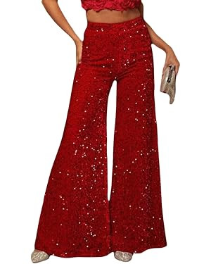 Women Sequin Flared Trousers High Waisted Sparkly Wide Leg Trousers Party Clubwear Shiny Bell Bot... | Amazon (US)