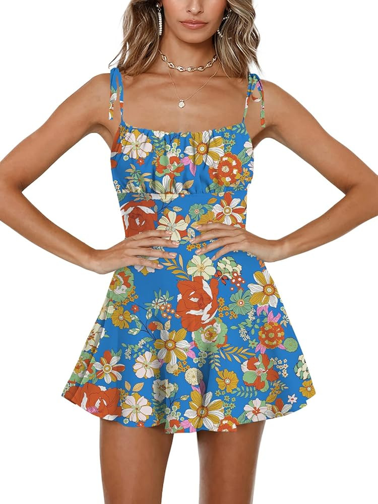 Jeanewpole1 Women's Boho Floral Wide Leg Short Romper Spaghetti Strap Smocked Jumpsuit | Amazon (US)