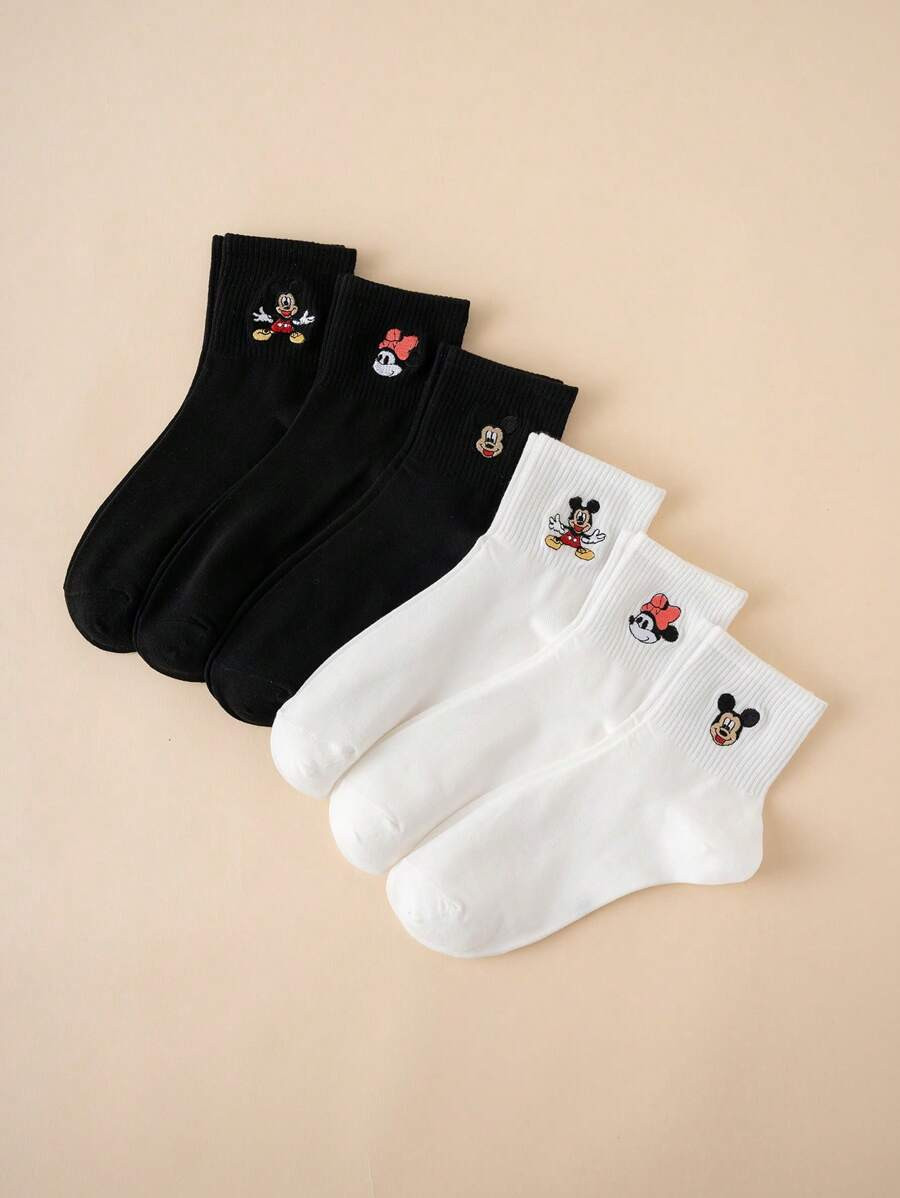 Disney 6pairs Women's Breathable Comfortable Embroidered Colorful Disney Mickey Mouse Cartoon Cha... | SHEIN