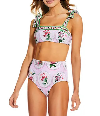 A Loves A Botanical Plates Reversible Border Print Tie Shoulder Bandeau Swim Top & Reversible Hig... | Dillard's