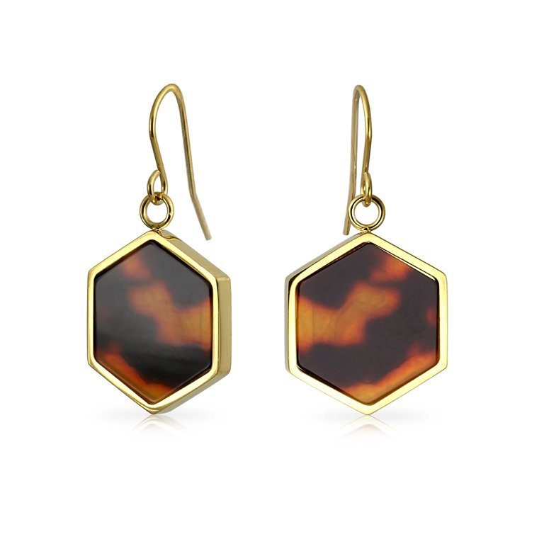 Hexagon Brown Tortoise Drop Earrings Gold Plated Stainless Steel | Walmart (US)