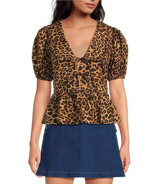 Sugarlips Leopard Print V-Neck Short Puff Sleeve Tie Front Peplum Top | Dillard's | Dillard's