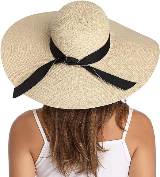 Lanzom Womens Wide Brim Straw Hat Big Floppy Foldable Roll up Cap Beach Sun Hat UPF 50+ | Amazon (US)
