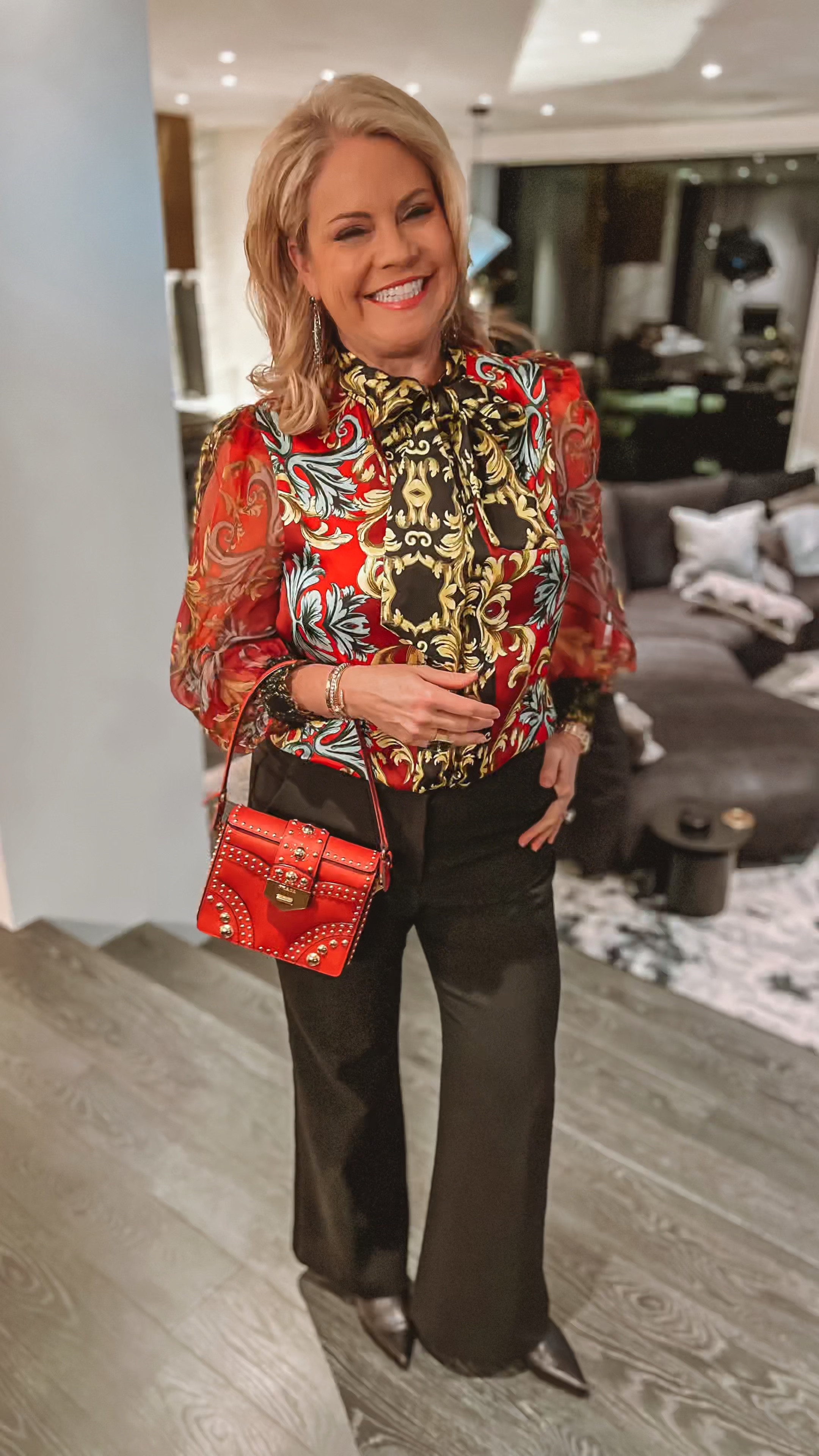 Red is perfect for valentines. I love how fun my second hand Prada bag is with my multi color, Alice and Olivia blouse. Has a Versace vibe. 

#LTKover40 #LTKMostLoved #LTKSpringSale