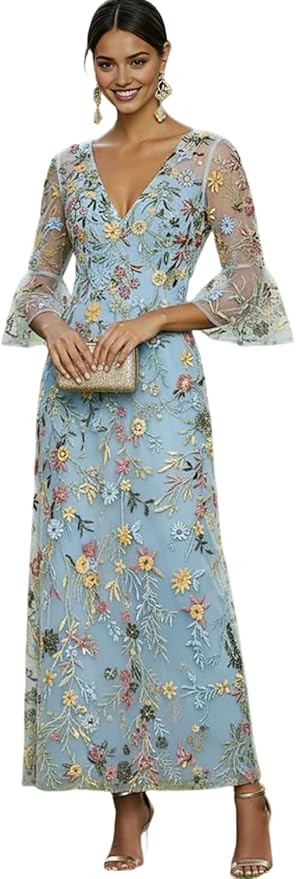 Women's V-Neck Bell Sleeve Floral Embroidered Maxi Dress Sheer Tulle Formal Gown Wedding Guest Mo... | Amazon (US)