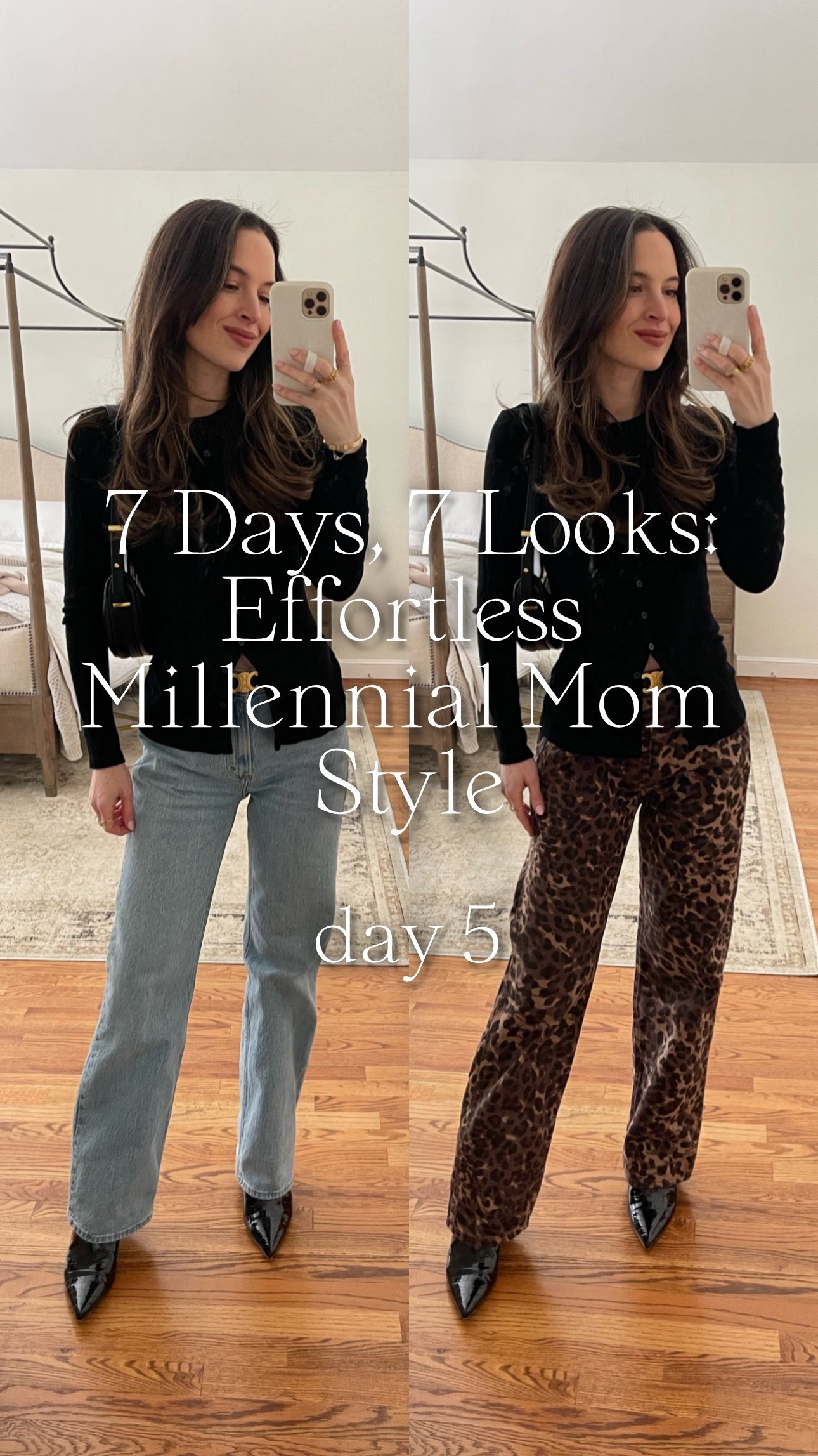 Day 5 of 7 Days, 7 Looks: Effortless Millennial Mom Style! I’m always looking for ways to get more from my wardrobe, and this outfit shows how easy it can be to switch things up. Whether you’re feeling classic light denim or bold leopard, both looks have the same base—but completely different vibes.

Wearing S in top (runs small, size up, buttons are functional so you don’t want them to stretch), light wash jeans run true to size (wearing 25), leopard jeans run large (size down, wearing 24)  

#LTKFindsUnder100 #LTKStyleTip #LTKSeasonal