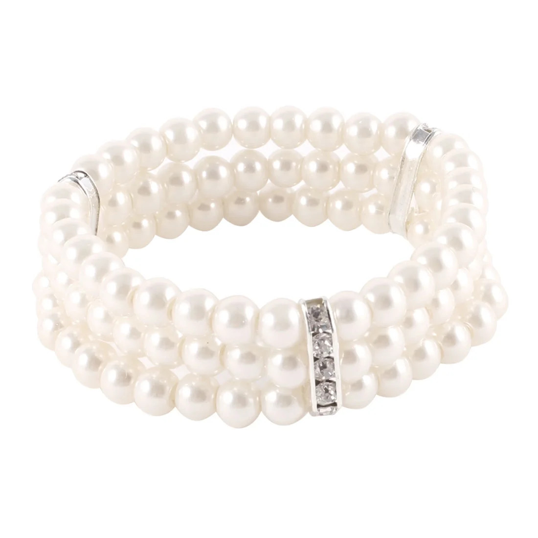Women 3 Rows Faux Pearl Rhinestones Detail Stretchy Wrist Bracelet Off White - Walmart.com | Walmart (US)