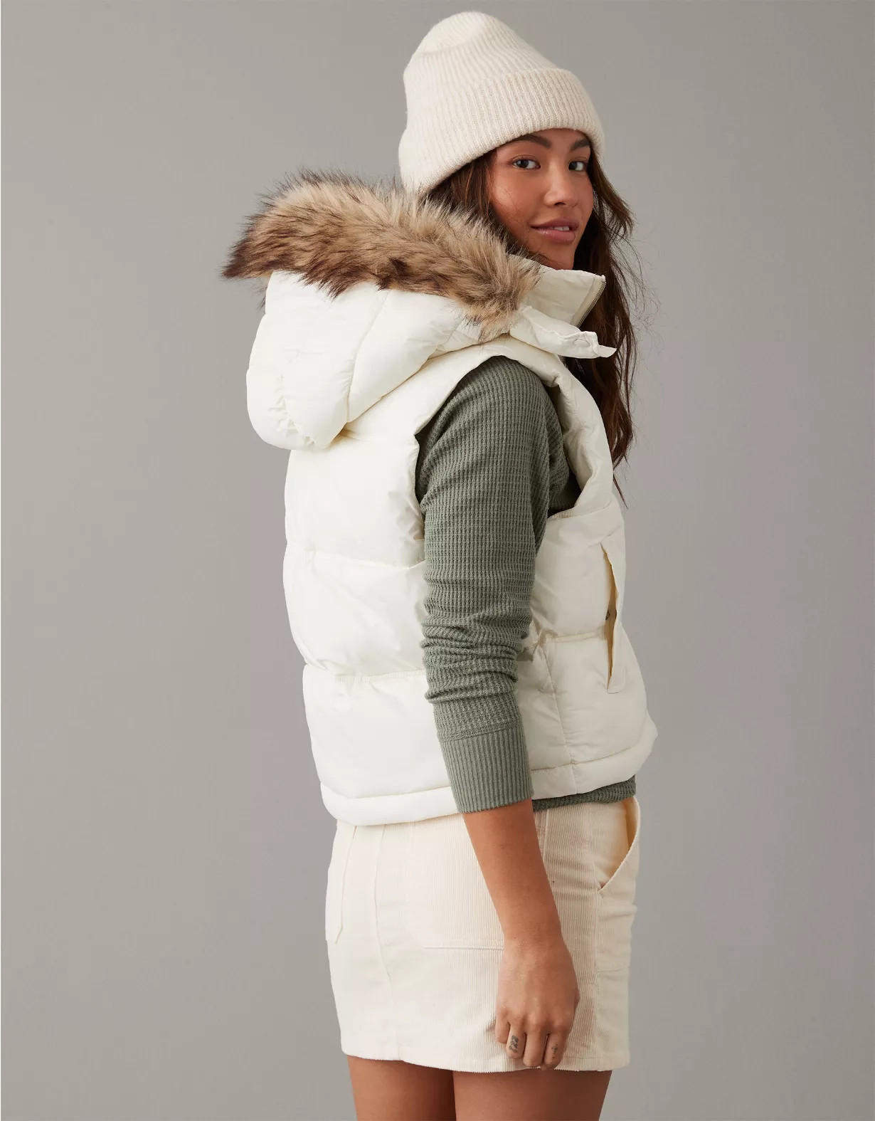 AE Faux Fur Hooded Puffer Vest | American Eagle Outfitters (US & CA)