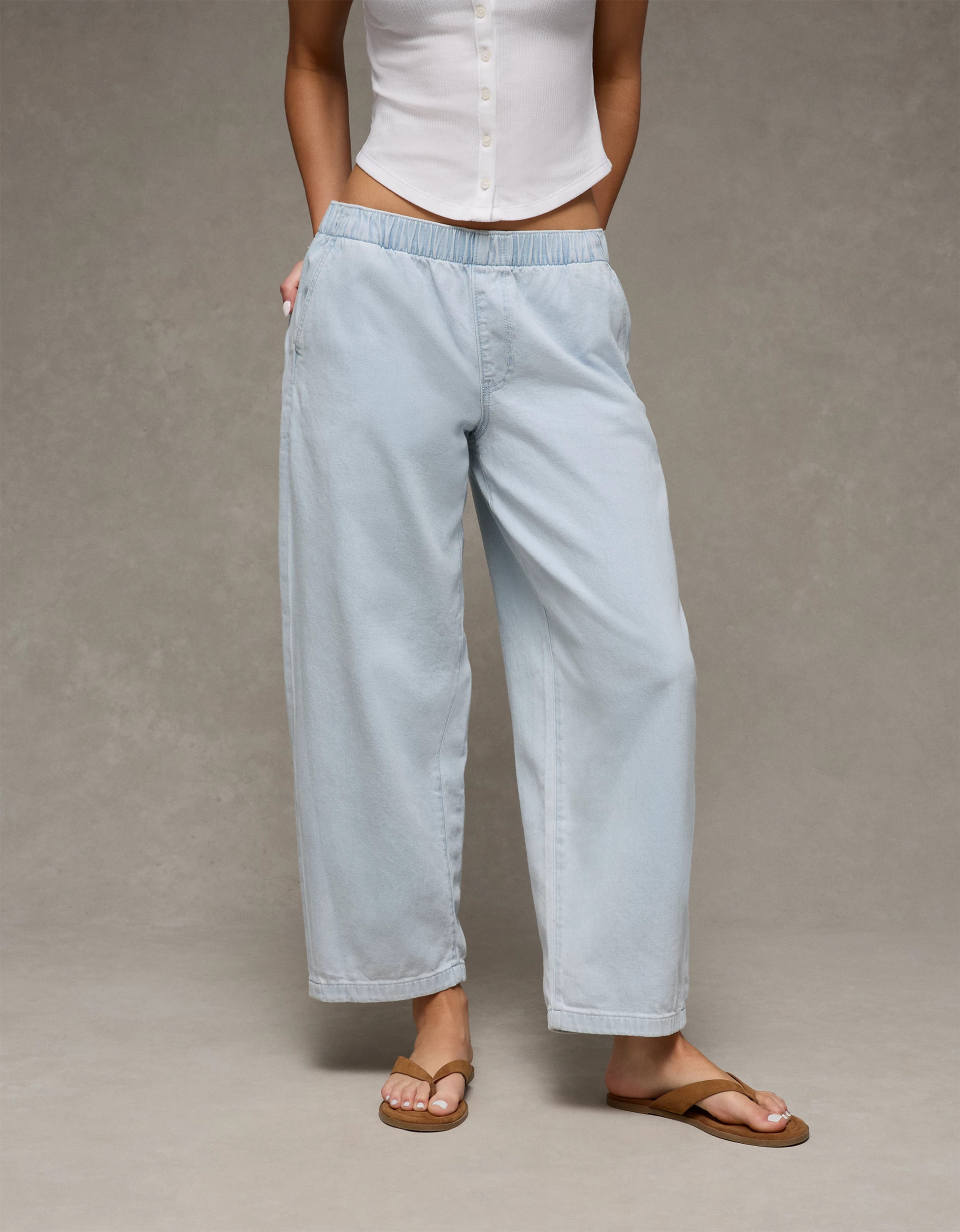 AE Stretch Low-Rise Pull-On Barrel Jean | American Eagle Outfitters (US & CA)