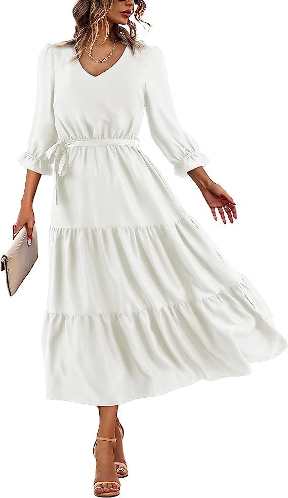 Florboom Women's V Neck Midi Dress Summer Ruffle 3/4 Sleeve Tiered Belted Maxi Dresses | Amazon (US)