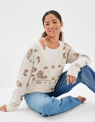 AE Cropped Bandana Print Cardigan | American Eagle Outfitters (US & CA)