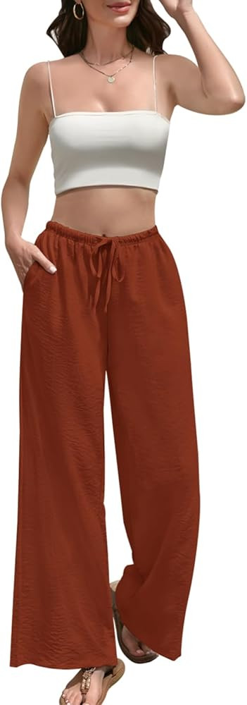 Womens Wide Leg Palazzo Pants Summer Flowy Pants Drawstring Elastic Beach Lounge Casual Trousers ... | Amazon (US)