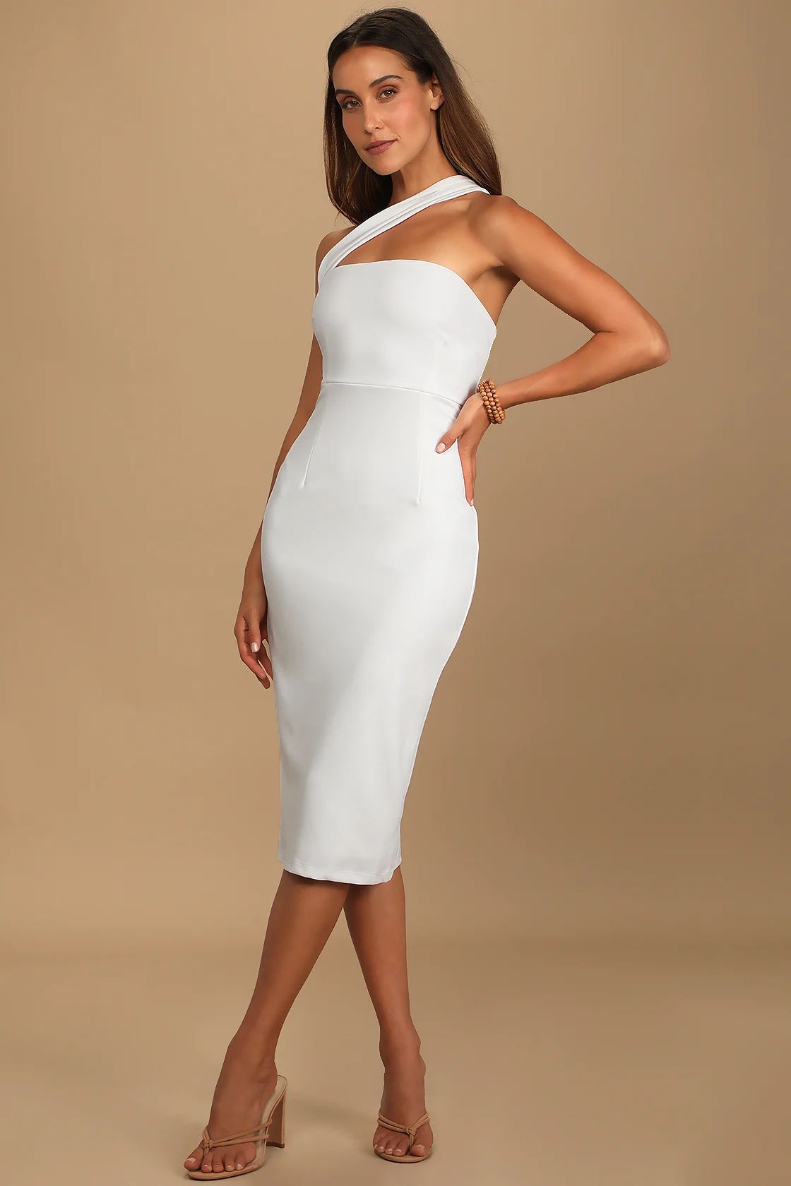 Hold Your Attention Ivory One-Shoulder Sleeveless Midi Dress | Lulus
