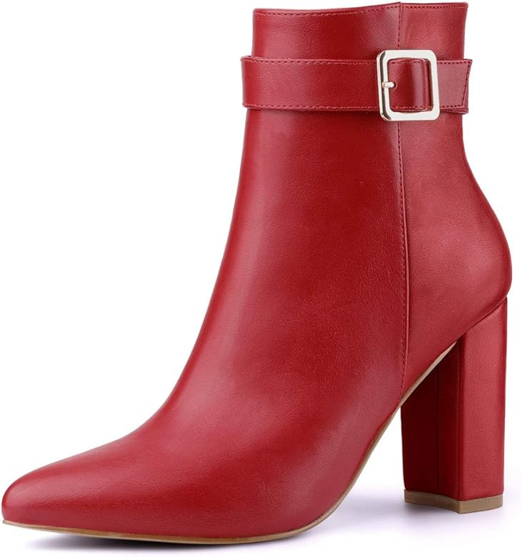 Allegra K Women's Pointed Toe Buckle Decor Heel Ankle Booties | Amazon (US)