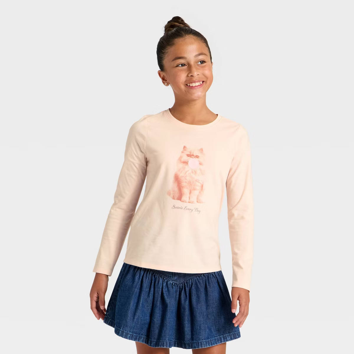 Girls' Long Sleeve 'Bubble Cat' Graphic T-Shirt - Cat & Jack™ Peach Orange | Target