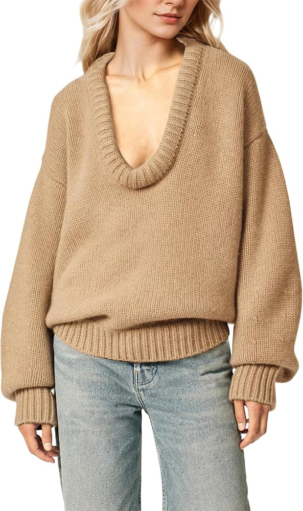 Women's Oversized U Neck Pullover Sweater Long Sleeve Knitted Sweater Chunky Trendy Fall Winter S... | Amazon (US)