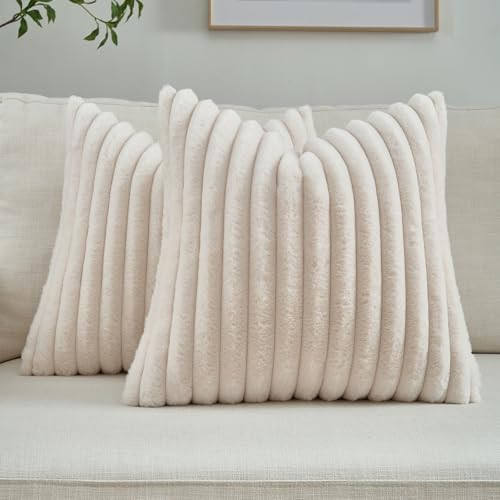 FUTEI Light Beige Throw Pillow Covers Set of 2, 18x18 Inch Striped Texture Cushion Cases with Sof... | Amazon (US)