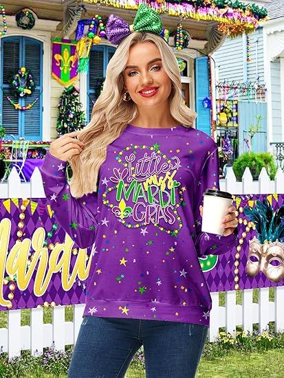Deerose Women Mardi Gras Long Sleeve Sweatshirts Valentine’s Day Print Clothing Shirts | Amazon (US)