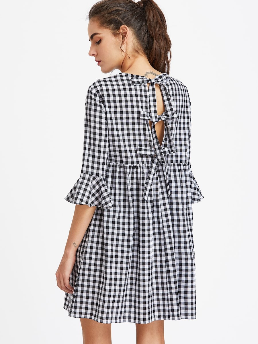 Bow Tie Open Back Fluted Sleeve High Waist Gingham Dress | SHEIN