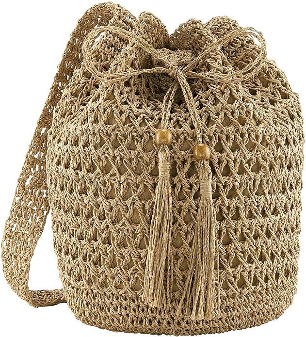 Ayliss Women Beach Handbag Straw Crossbody Shoulder Handbag Summer Beach Handmade Woven Bucket Ba... | Amazon (US)