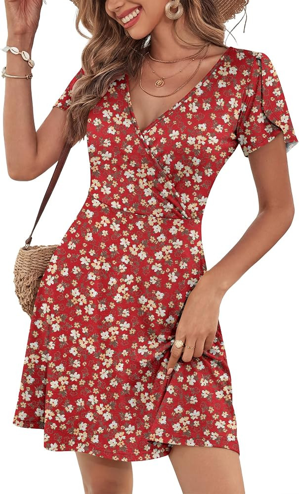 ANRABESS Womens Summer Dresses Short Sleeve Wrap Deep V Neck A-Line Floral Dress Causal Flowy Boh... | Amazon (US)