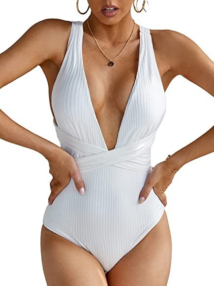 MOLYBELL Women One Piece White Swimsuits, High Waitsted Ribbed Plunge Bathing Suit for Tummy Cont... | Amazon (US)