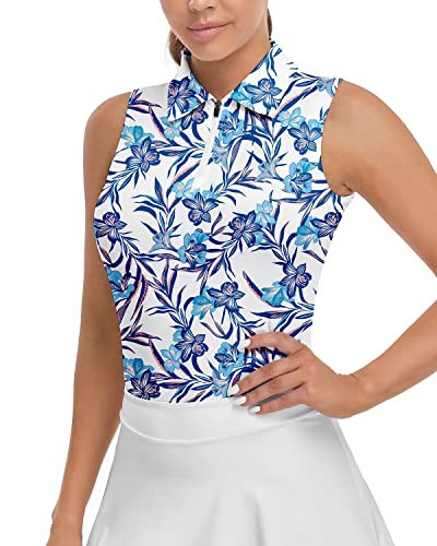 Womens Floral Golf Shirt Sleeveless Athletic Sport Polo Tank Top Printed Polo Half Zip Tennis Shirts Sleeveless Blue Floral | Amazon (US)