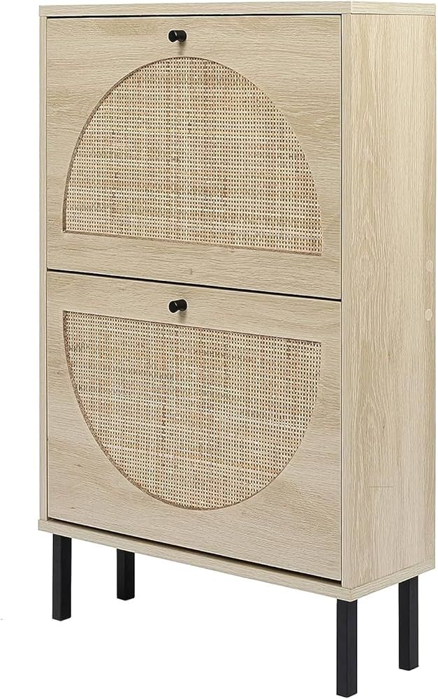 ZeHuoGe Natural Rattan Shoe Cabinet with 2 Flip Drawers, Modern 2-Tier Shoe Rack Storage Cabinet ... | Amazon (US)