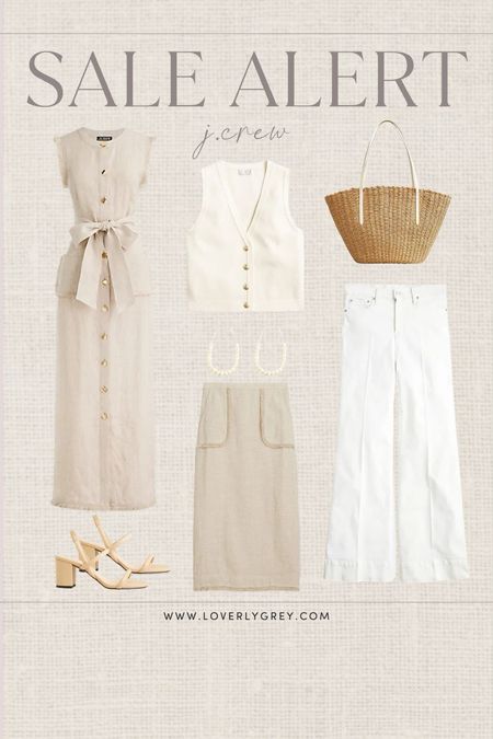 Loverly Grey J. Crew sale finds. These white wide leg jeans and neutral vest pair perfectly with a nude sandal and straw tote for an elevated spring look. 

#LTKSeasonal #LTKstyletip #LTKsalealert