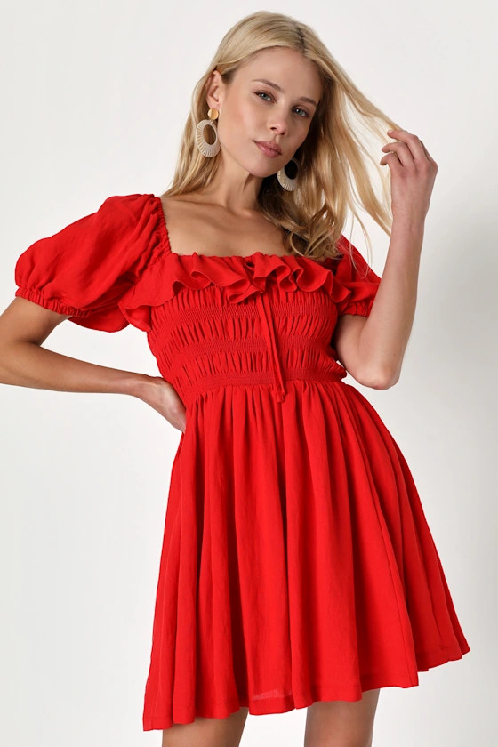 Daytime Delight Red Smocked Puff Sleeve Mini Dress | Lulus