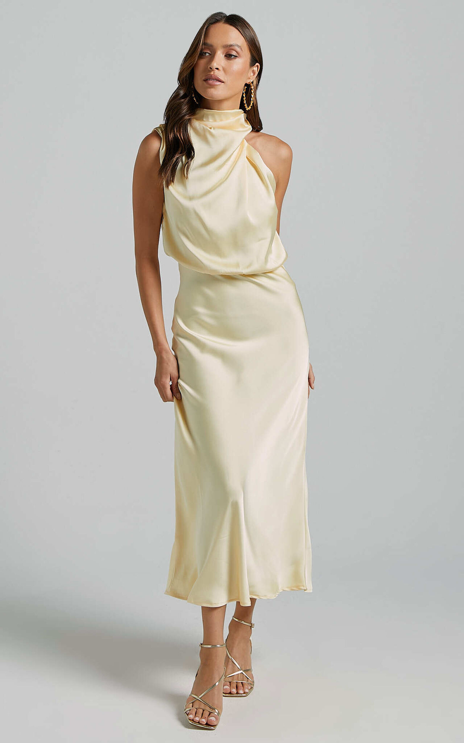 Minnie Midi Dress - Drape Neck Satin Slip Dress in Butter Yellow | Showpo (ANZ)
