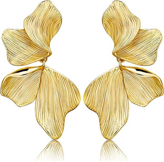 Gold Statement Earrings For Women 18K Gold Plated Sectored Flower Leaf Shell Angel Wing Earring L... | Amazon (US)