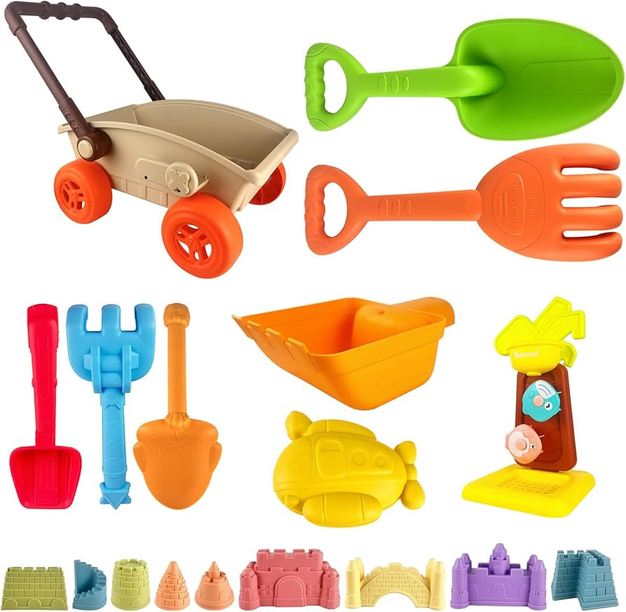 IOKUKI 19 PCS Sand Toys with Extra Large Mesh Bag Including Sand Wagon, Water Wheel, Large Shovel... | Amazon (US)