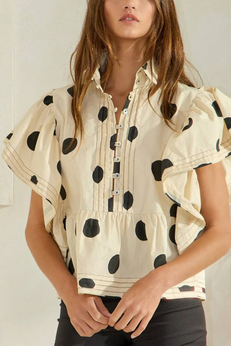 Lauryn Ruffle Sleeves Pintuck Polka Dot Top | MTT Collective
