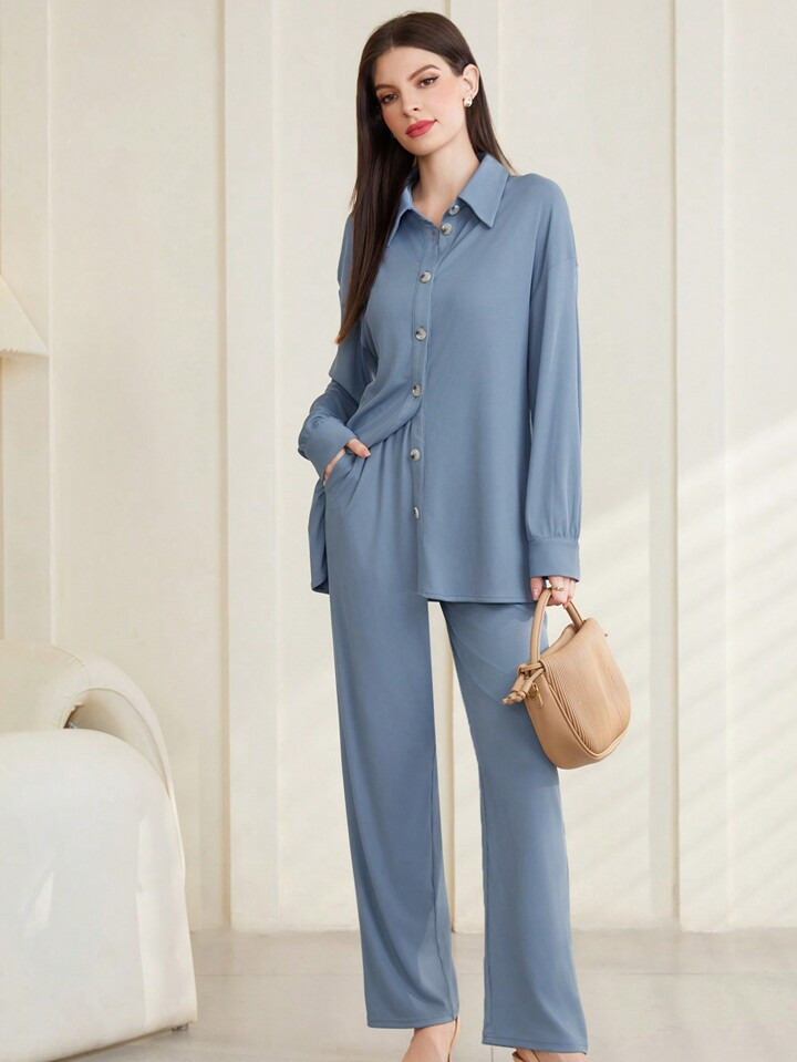 SHEIN Mulvari Women'S Solid Color Shirt And Pants Set | SHEIN