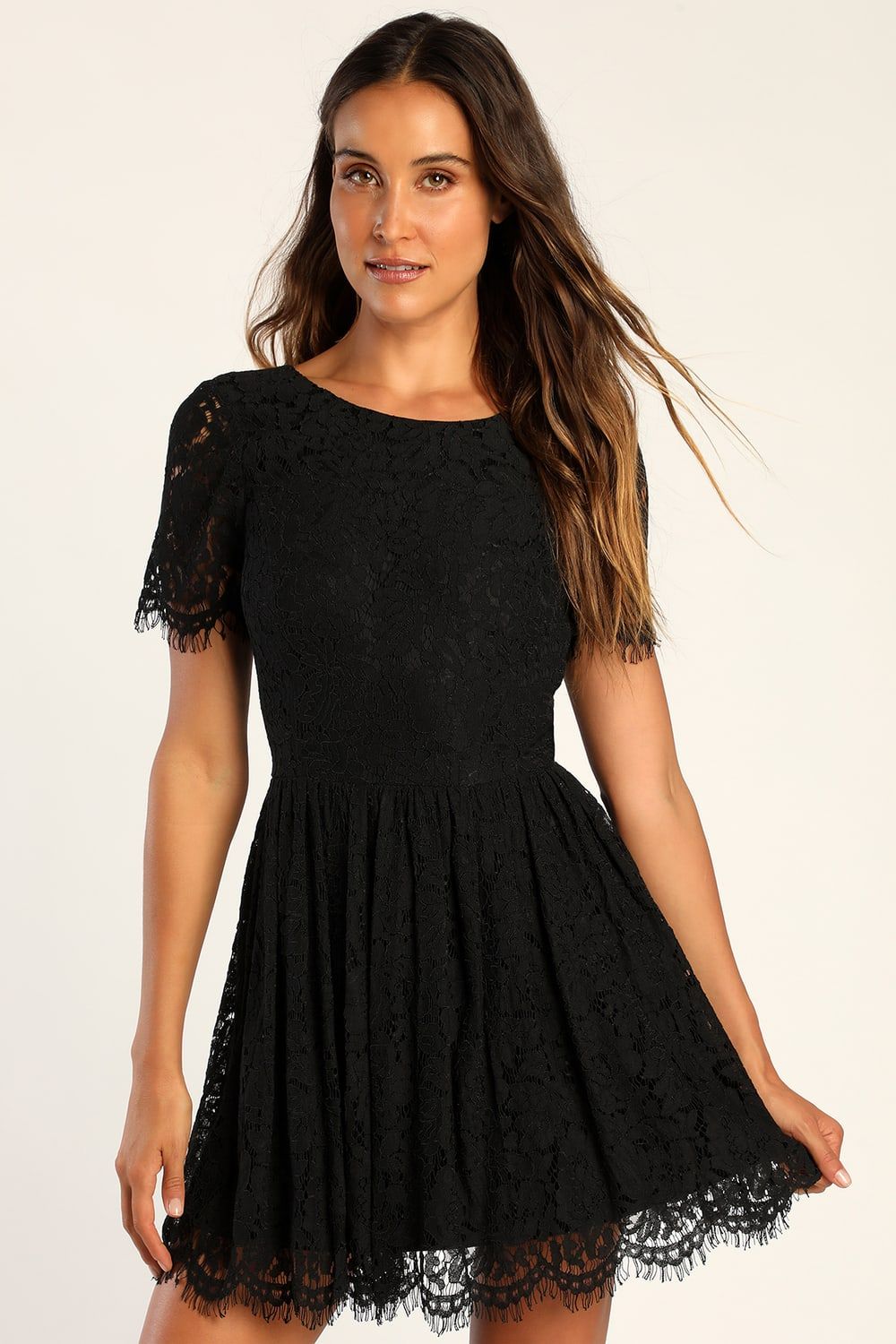 Devotion Black Lace Short Sleeve Mini Skater Dress | Lulus (US)