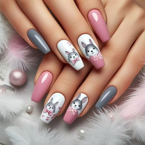 Easter Press on Nails Medium Coffin Pink White Fake Nails Spring Acrylic Nails Kawaii Bunny Medium Glue on Nails Coffin Nails Press ons Solid Color Press on Nails Holiday Stick on Nails for Women | Amazon (US)