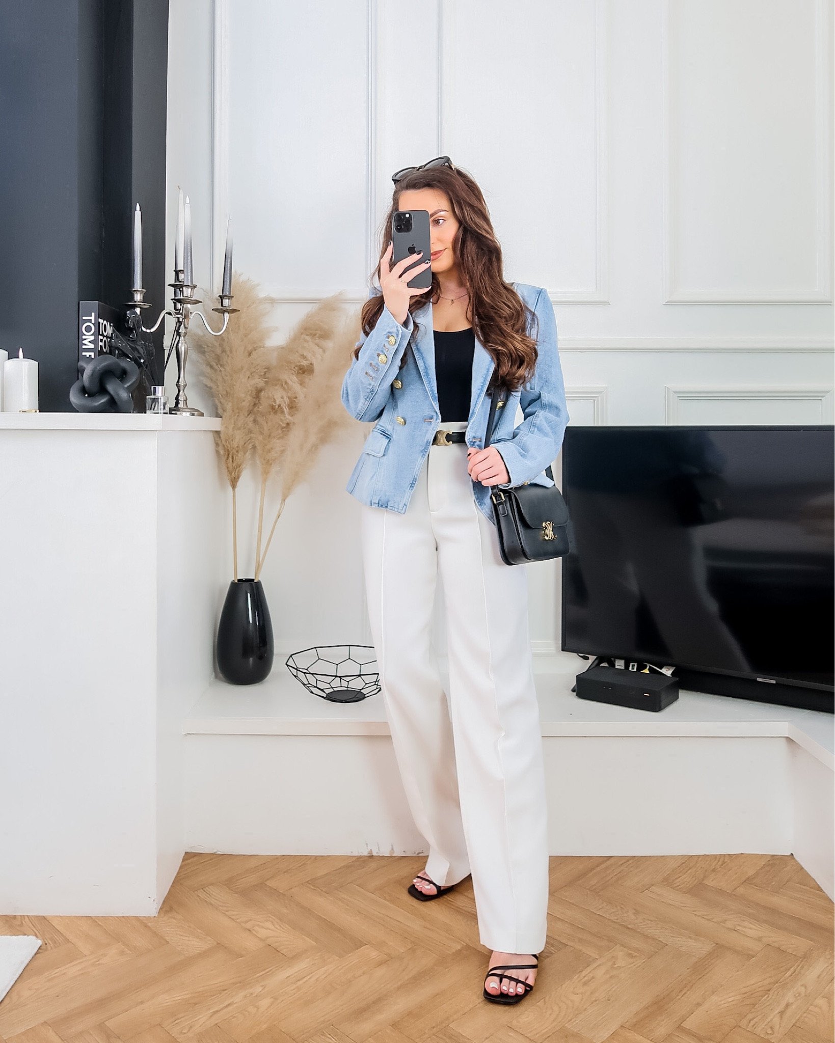summer outfit idea, summer workwear, white tailored trousers, Balmain style blazer, denim blazer, simple style, classy style, simply styling, 9 to 5 chic, black bodysuit outfit 

#LTKstyletip #LTKworkwear #LTKeurope