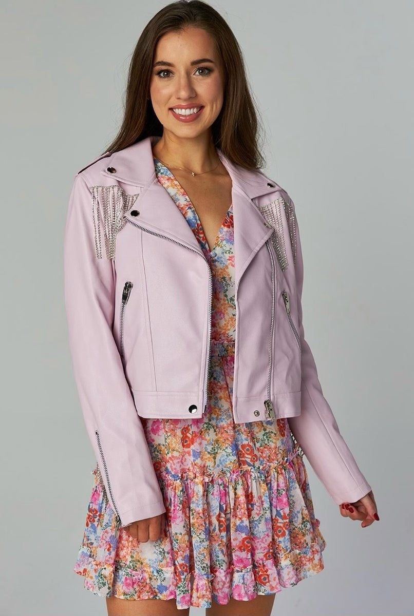 Rife Crystal Fringe Vegan Leather Jacket- Lavender | Avara